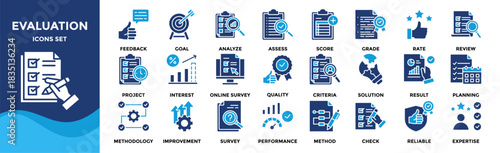 Evaluation icon set collection in solid glyph style. an icon pack contain assess, review, score, rate, grade, project, analyze