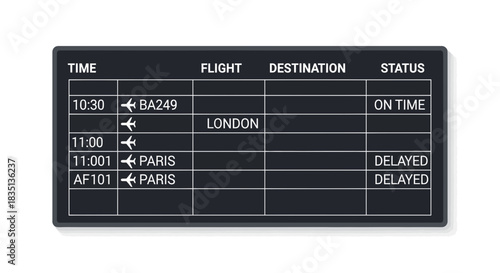 Airport flight information display screen showing flight times destinations and status.