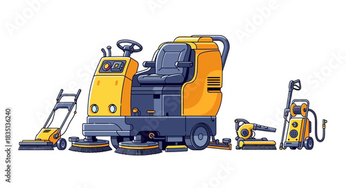 Cleaning equipment including floor scrubber vacuum and carpet cleaner on white background.