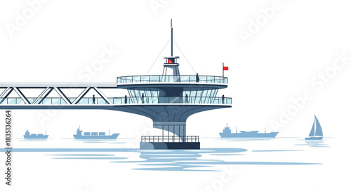 Pier structure over water with people and boats in the distance.