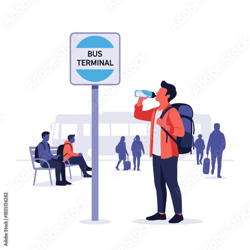 Man drinking at bus terminal with waiting people and building in background.