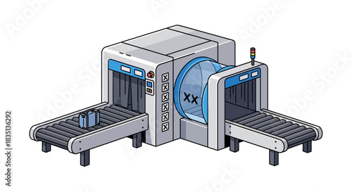 X-ray scanner machine with conveyor belts for security check isolated on white.