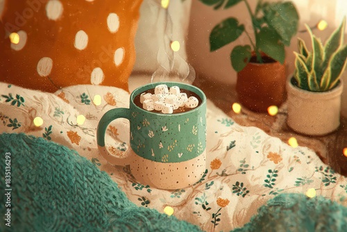 Illustration of a cozy Christmas morning with a mug
