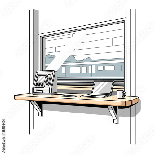 Ticket booth with computer and printer at window showing train illustration.