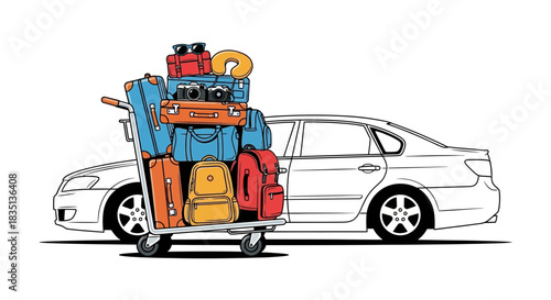 Luggage cart overloaded with bags next to a car ready for travel.
