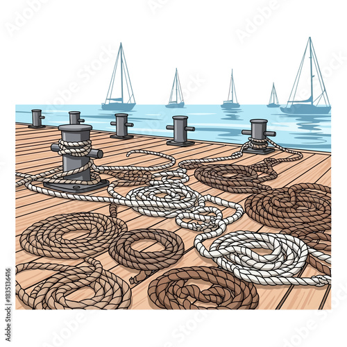 Illustration of ropes and bollards on a dock with sailboats in the background.