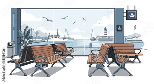 Waiting area with benches overlooking a harbor with boats and seagulls.