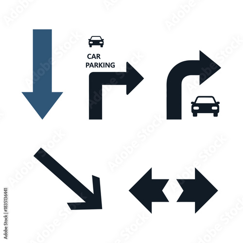 A set of directional arrows indicating car parking and turning directions.