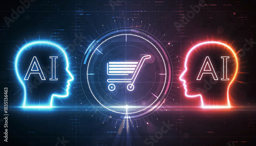 AI Shopping Evolution: A digital illustration showcasing the convergence of artificial intelligence and online commerce, symbolized by interconnected human profiles and shopping cart icon.