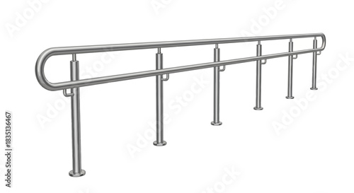 Metal railing with vertical supports isolated on a white background.