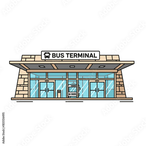 A bus terminal building with glass windows and a sign on top.