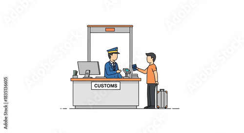 Man shows passport to officer at customs with suitcase vector illustration.