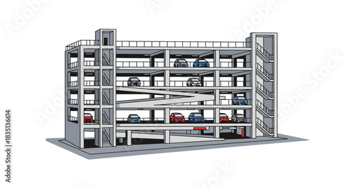 Multi-story parking garage structure with cars inside against a white background.