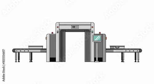 Security scanner with conveyor belts at airport or similar checkpoint.