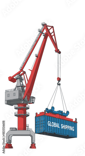 Red and gray crane lifting a blue shipping container against a white background.