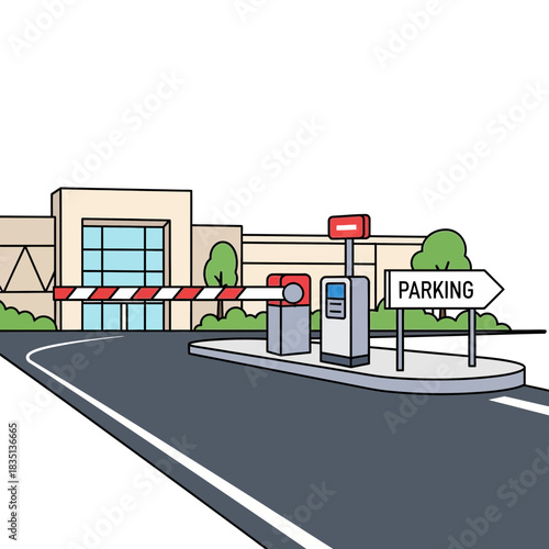 Cartoon illustration showing a parking lot entrance with gate and building behind.
