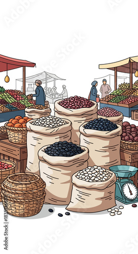Illustration of a market stall with sacks of spices and people in background.