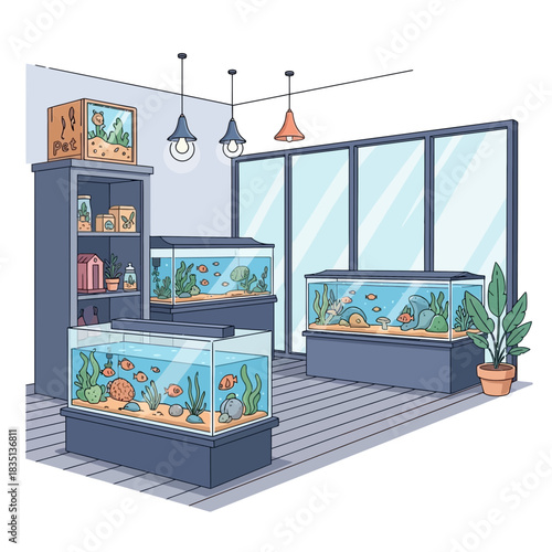 Interior scene with multiple aquariums shelves plants and lights illustration.