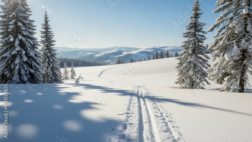Ski resort mountain slopes snow-covered pine trees winter. Alpine landscape skiing tracks chairlift blue sky. Sports recreation vacation travel concept
