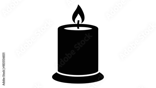 A single black candle with a lit flame, isolated on a white background, symbolizing remembrance, hope, and gentle light.