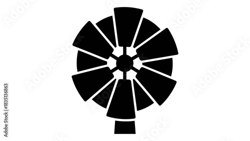 Black silhouette of a stylized windmill with rotating blades against a white background, symbolizing energy and agricult