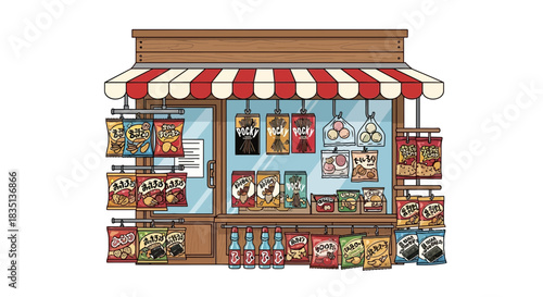 Cartoon illustration of a small shop with snacks and drinks on display.