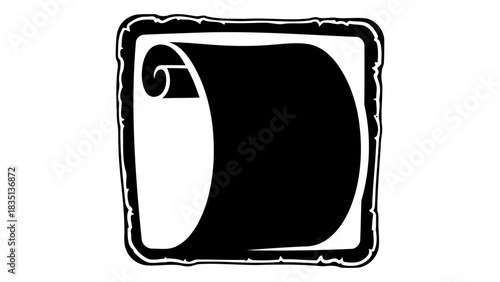 Black silhouette of an ancient scroll or parchment unfurling within a rustic, textured frame, symbolizing history, knowl