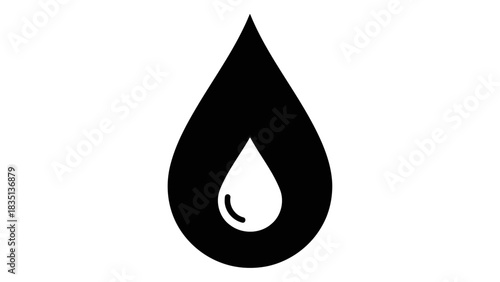 Black silhouette of a single water drop symbol, isolated on a white background, representing purity, liquid, and hydrati