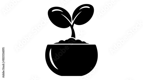 Black silhouette of a young plant sprout growing in a pot, symbolizing growth and new beginnings, isolated on white.