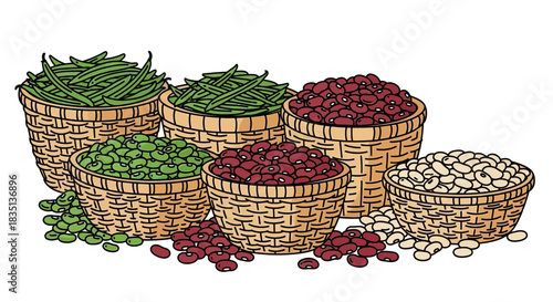 Baskets filled with various beans and legumes isolated on white background.