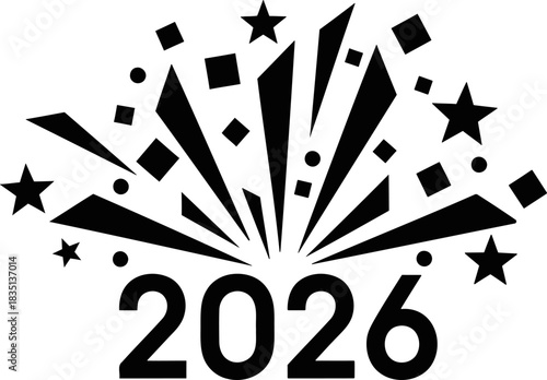 New Year 2026 numbers with starburst and fireworks silhouette minimal celebration design