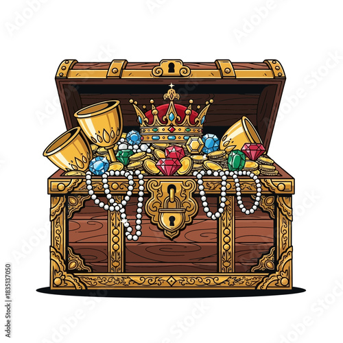Open treasure chest filled with gold jewels and a crown on white background.