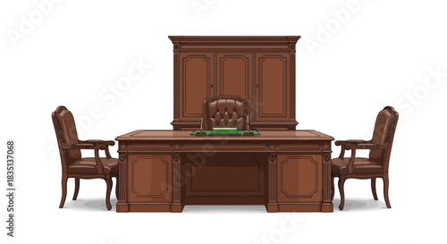 Office furniture set including desk chairs and cabinet on white background.