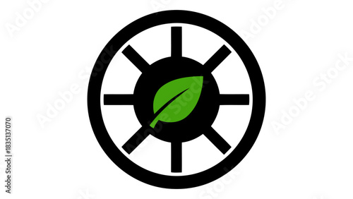 Green leaf at the center of a circular wheel with spokes, symbolizing nature, growth, and sustainability.