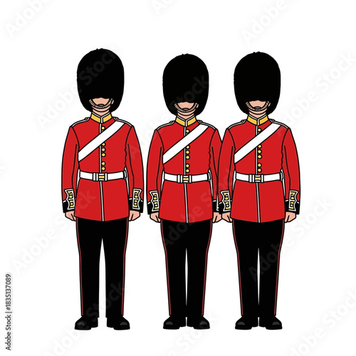 Three guards in red uniforms and black hats stand in a row.