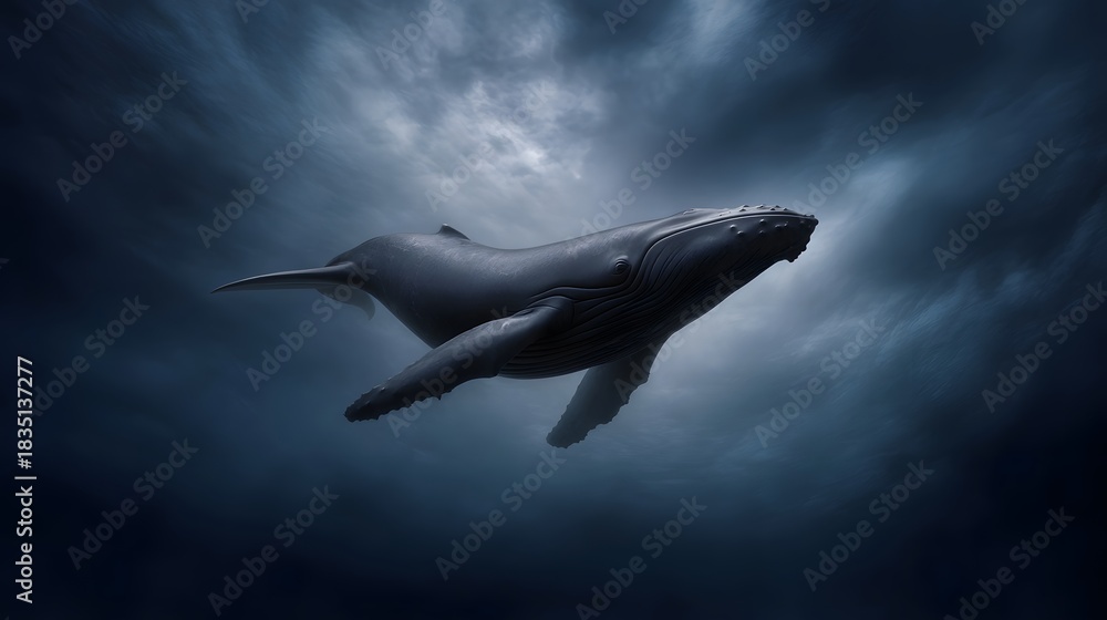 Obraz premium A majestic humpback whale swims gracefully in the deep dark ocean illuminated by ethereal light