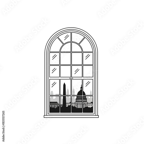 Window view of a city skyline with dome and obelisk in black and white.