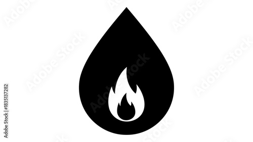 Simple black flame icon within a water drop silhouette on a white background, representing hot liquid or fire safety con