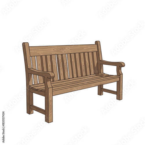 Wooden park bench with armrests isolated on a white background.
