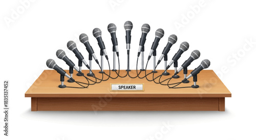 Multiple microphones on a table isolated on white background represent a press conference.