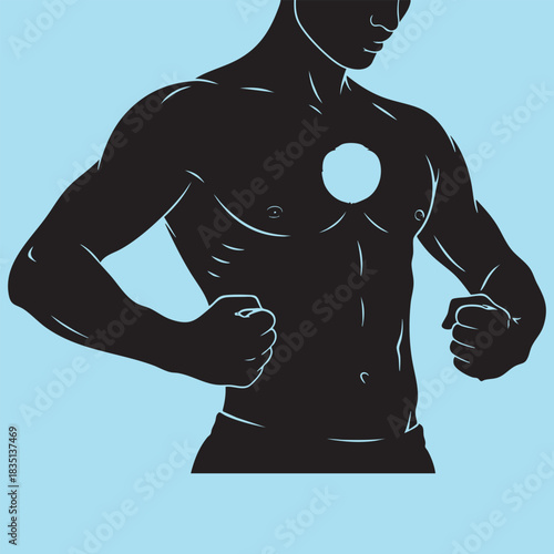 Muscular man silhouette with circle on chest. Superhero power core or cyborg concept vector illustration.