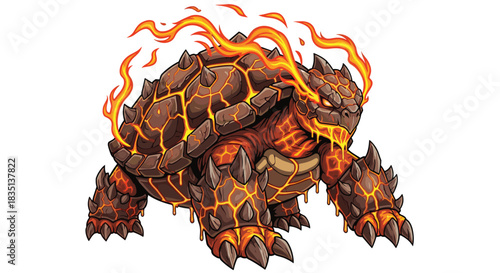 A fierce lava turtle creature with spikes and flames erupting from its shell and body.