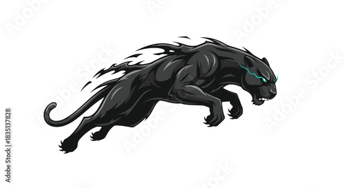 Stylized black panther with glowing blue eyes and fiery mane in a dynamic pose on a white background.