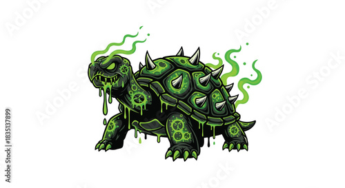 A menacing, toxic green turtle with sharp spikes and glowing radioactive symbols, depicted with dripping goo.