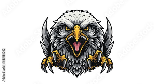 Fierce eagle head with sharp talons extended, depicted in a graphic illustration style.