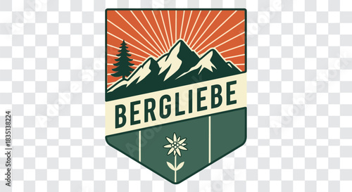 Retro Vintage Bergliebe (Mountain Love) Outdoor Badge Vector, Hiking and Edelweiss Emblem