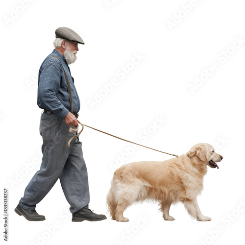 Elderly Man Walking with Golden Retriever Dog Isolated on Transparent Background PNG