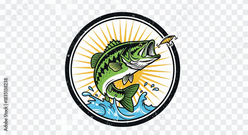 Retro Bass Fish Jumping Circle Logo Vector, Fresh Water Fishing Emblem with Sunburst
