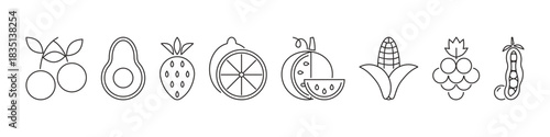 Simple set of fruit and vegetable icons. Editable stroke. Farm products, healthy ingredients: cherries, avocado, grapes, peas, lemon, watermelon, corn, strawberries. Vector illustration
