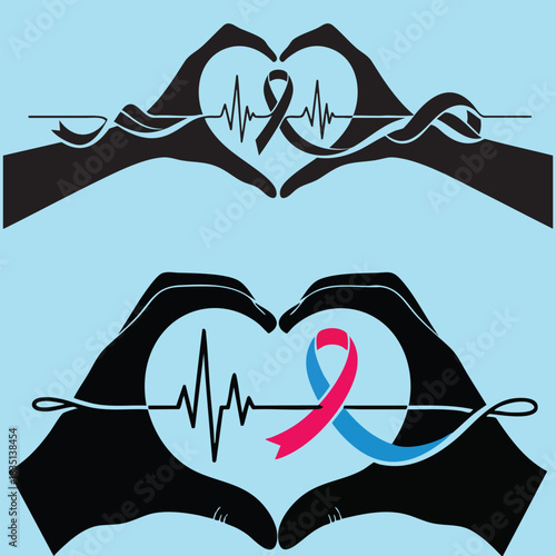 Hands forming heart shape with heartbeat line and awareness ribbon. Cancer or baby loss awareness symbol vector illustration.